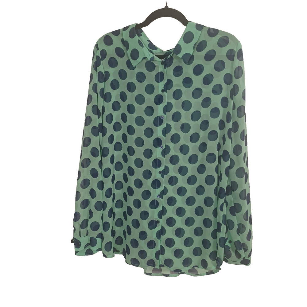 Liz Claiborne XL Sheer Polka Dot Button Up Teal Blue Flowy Retro Pointed Collar